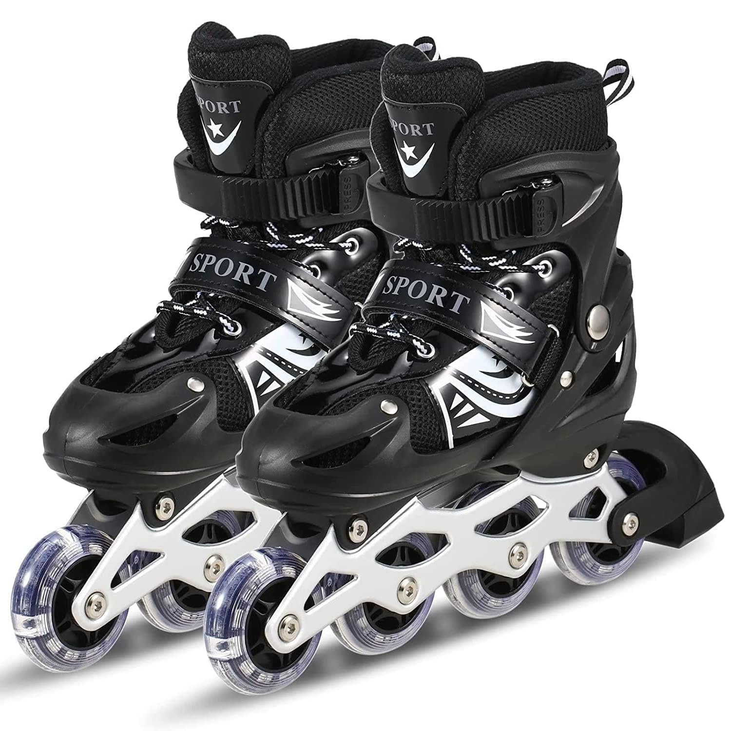 WireScorts New Inline Skates, Adjustable Inline Roller Skates for Boys Kids & Girls, 7 to 14 Years Unisex Outdoor Skating Shoes Roller Blades with Led Flash Lights Featuring Wheels for Skating – Black