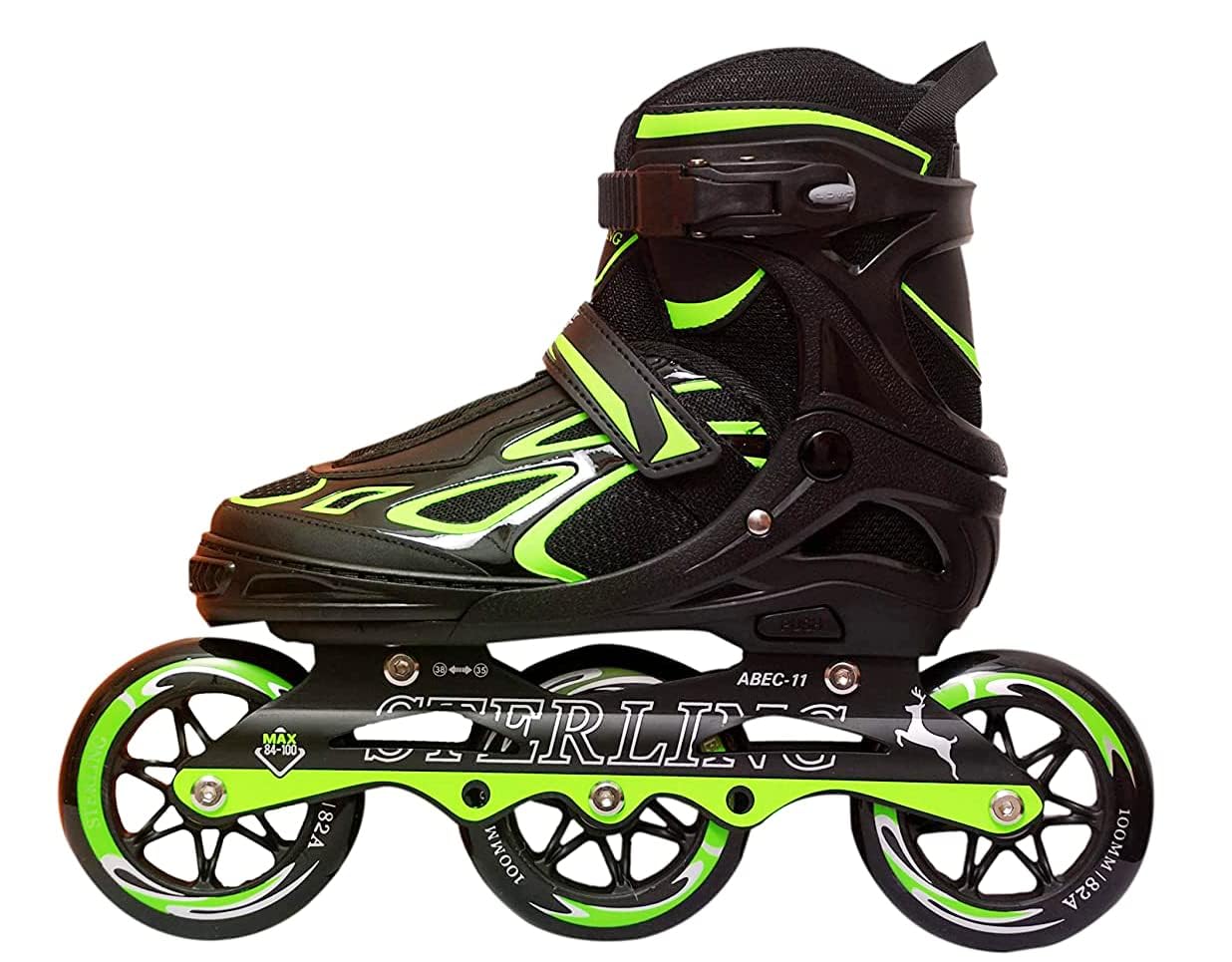 AENCI 3 Wheel Inline Skates Skating Shoes for Boys and Girls Age 10 to 14 Years Liner Roller Skates for Kids with Skating Protection Kit Set, Color Black, Size Large (GREEN)