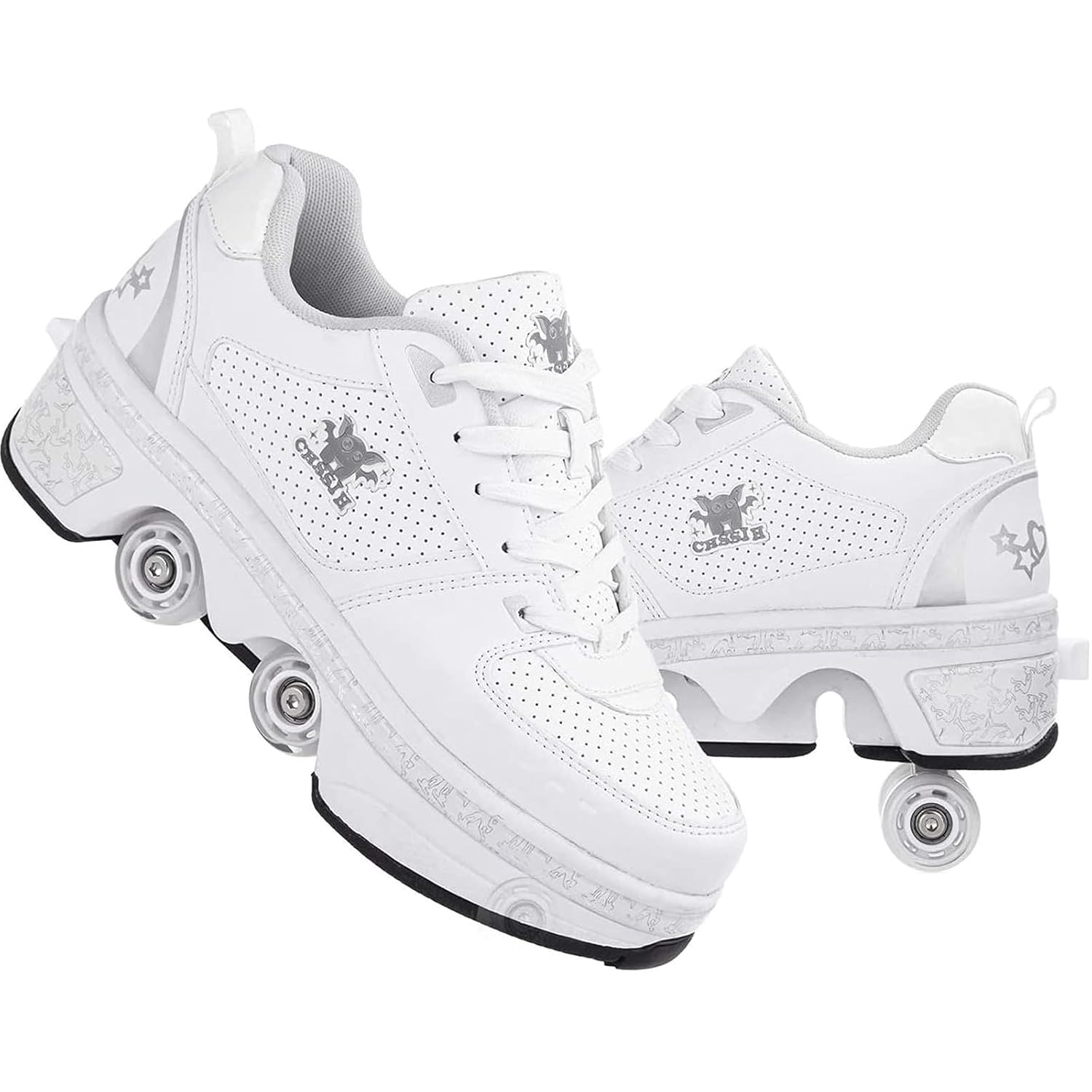 Roller Skate Shoes for Girls and Boys – Sneaker Skates for Women, Shoe with Retractable Wheels – Birthday Christmas for Kids,White-10US