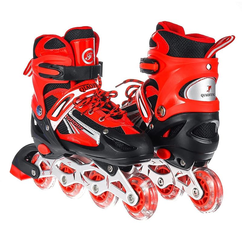 ZAGILY 4 Wheels Inline Adjustable Skates Skating Shoes for Boys & Girls Skating Shoe Adjustable Roller Blades Age 6 to 15 Years Kids PU Strong Wheels Aluminium with LED Flash Light on Wheels (Red)