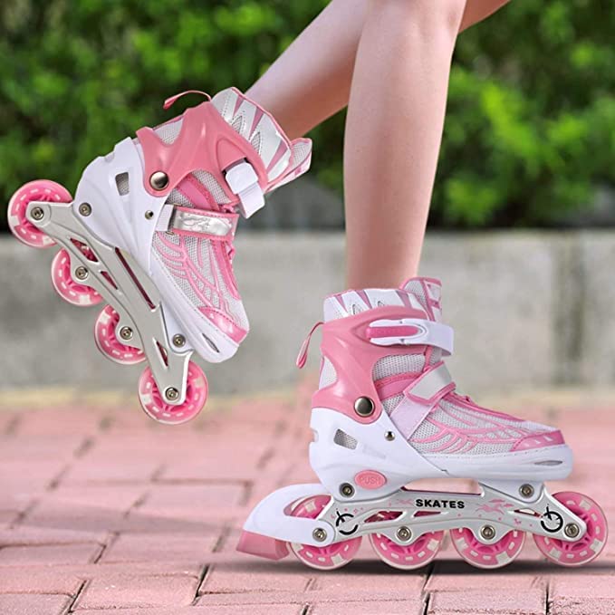 VADLO 4 Wheels Adjustable Inline Skates Skating Shoes for Boys Kids Girls Skating Shoe Adjustable Roller Blades Age 6 to 15 Years PU Strong Wheels Aluminium with LED Flash Light on Wheels (Pink)