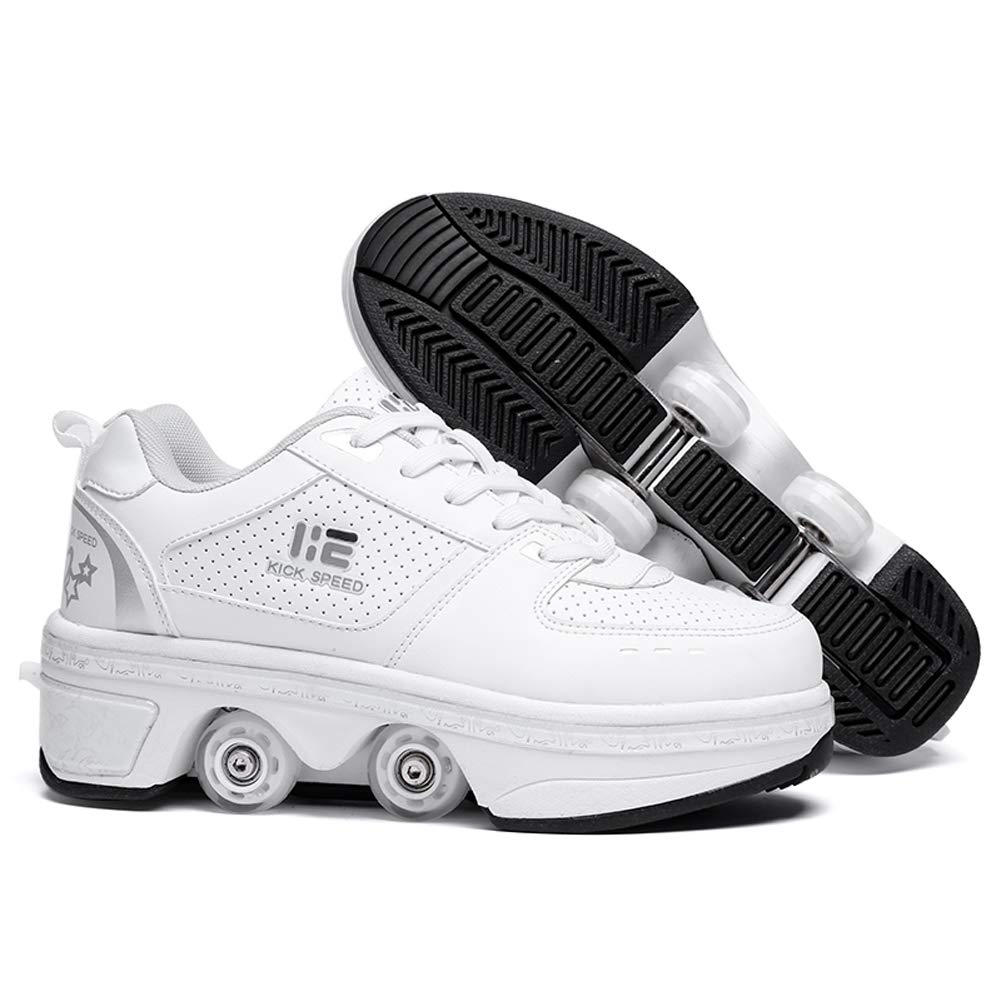 KOFUBOKE 2-in-1 Roller Skates & Sneakers Unisex Retractable Wheels Outdoor Fun & Fitness Kick Roller Shoes, White Without Light, 3.5