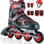 LONGMIRE Inline Skates Size Adjustable All Pure PU Strong Wheels Aluminium with LED Flash Light on Wheels, Skating Boy Age Group 6-15 Years Medium Size (34-37 UK) (Skating with Kit)