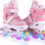 HKR Inline Skates with Pu Flashing Wheel Aluminum Body in-Line Skates with Size Adjustable with Led Flash Lights Set for Boys Kids & Girls Length for Age 8-20 Years (Pink)