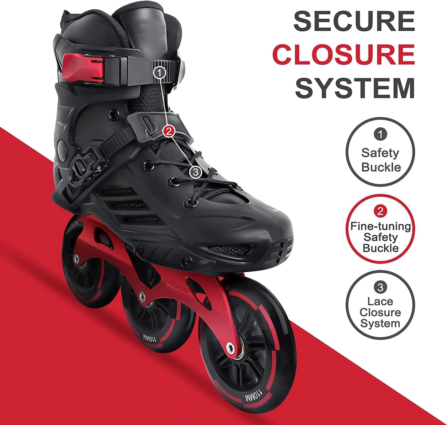 AENCI 3 Wheel Inline Skates Skating Shoes for Boys and Girls Age 10 to 14 Years Liner Roller Skates for Kids with Skating Protection Kit Set, Color Black, Size Large (RED)