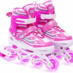 LONGMIRE Inline Skates Size Adjustable All Pure PU Strong Wheels Aluminium with LED Flash Light on Wheels, Skating Boy Age Group 6-15 Years (Pink Skating)