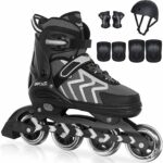 JD Fresh 4 Wheel Inline Skates Skating Shoes for Boys and Girls Age 15 to Liner Roller Skates for Kids with Skating Protection Kit Set, Color Black, Size Large