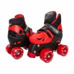 STRAUSS Gatiman Adjustable Skating Shoes | Latest Designed Roller Skates with Break | Ideal for Boys and Girls | Adjustable 4 Wheels Skating Shoe | Size: Sub-Junior (Black/Red), Outdoor Wheel