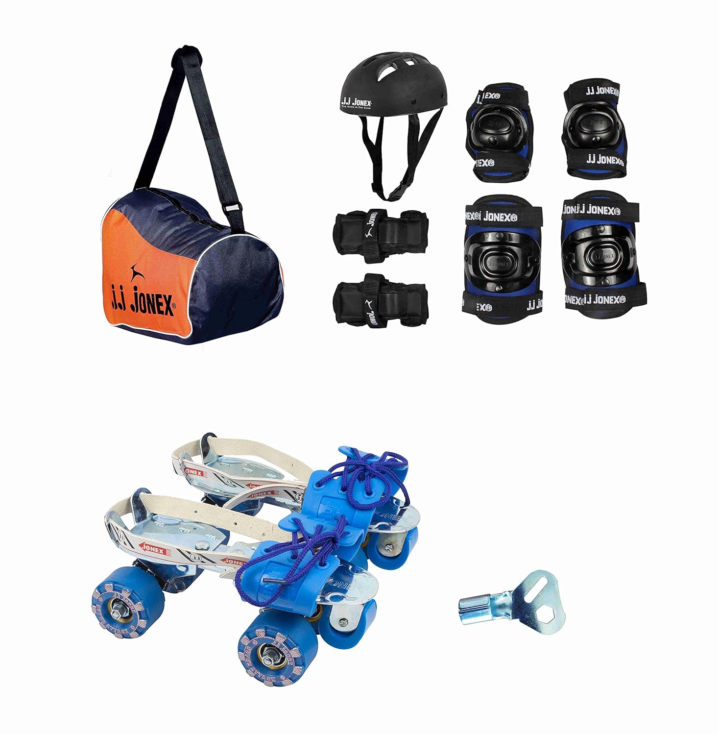 JJ JONEX Attack Adjustable Skates Combo (Skates+Helmet+Knee pad+Elbow pad +Skates Gloves + Key+Bag) Suitable (Black/Blue)(MYC) (AGE 11 ABOVE (LARGE))