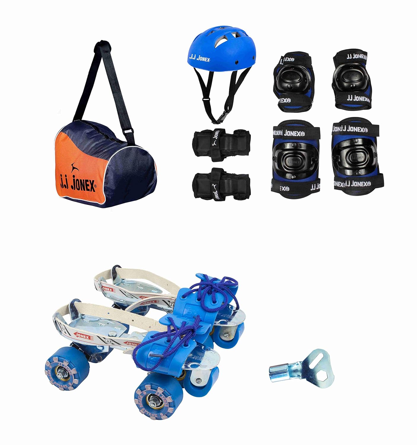 JJ JONEX Attack Adjustable Skates Combo (Skates+Helmet+Knee pad+Elbow pad +Skates Gloves + Key+Bag) Suitable (MYC) Helmet Blue(Age 11 Above (Large))