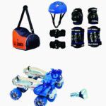 JJ Jonex Senior Attack Adjustable Quad Roller Skates Combo Suitable for Age Group 14 Year and above with Skating Kit Blue Black (Protection Kit)(Large) & Free Bag