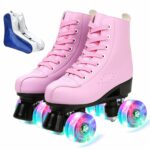 XUDREZ Roller Skates for Women Men Cozy PU Leather High-top Roller Skates for Beginner Double-Row PU Wheels, Professional Indoor Outdoor Roller Skates with Shoes Bag (Pink Flash,41)