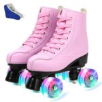 Women Roller Skates PU Leather High-top Roller Skates Four-Wheel Roller Skates Double Row Shiny Roller Skating for Indoor Outdoor (Pink Flash,7.5 M US)