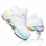 Roller Skate Shoes for Women Four Rounds Children’s Roller Skates Shoes That Turn into Rollerskates Sneakers Outdoor Light Shoes with Wheels for Girls/Boys(White with Light, US 9.5)