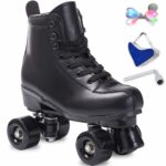 Roller Skates Women Men High-Top PU Leather Roller Skates Classic Double-Row Roller Skates Outdoor Indoor Quad-Skates with Light up Shoe Laces (Black Black Wheel, 37-US Men 5= Women 6)