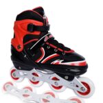 RAR SPORTS PVC 4 Wheels Inline Adjustable Skates Skating Shoes for Boys & Girls Skating Shoe Adjustable Roller Blades Age 7 to 15 Years Kids (Red-Black)