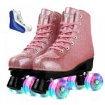 Roller Skates for Women Men Shiny PU Leather High-top Roller Skate Shoes for Beginner Classic Double-Row Roller Skates, Indoor Outdoor Roller Skates (Crystal Pink Flash Wheels,39)