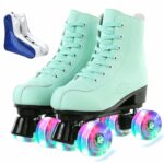 XUDREZ Roller Skates for Women Cozy Green PU Leather High-top Roller Skates for Beginner, Professional Indoor Outdoor Double-Row Roller Skates with Shoes Bag (Flash Wheel,39)