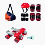 JJ JONEX Unisex Tenacity Adjustable Rollerderbywheel Skates Combo (Skates+Helmet+Knee Pad+Elbow Pad +Skates Gloves + Key+Bag) Suitable (Myc) (Age 6-11 (Meduim)), Red