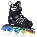 BOBICOM Adjustable Inline Skates with Full Light Up Wheels,Outdoor Illuminating Roller Skates for Kids and Adults, Girls and Boys, Men and Women, Black S