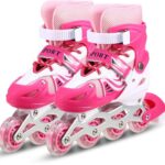 Shopivi Adjustable in-line Roller Skates for Boys Kids&Girls Kids Comforable Outdoor Skating Shoes Roller Blades with Led Flash Lights Featuring Wheels for Skating (Pink)