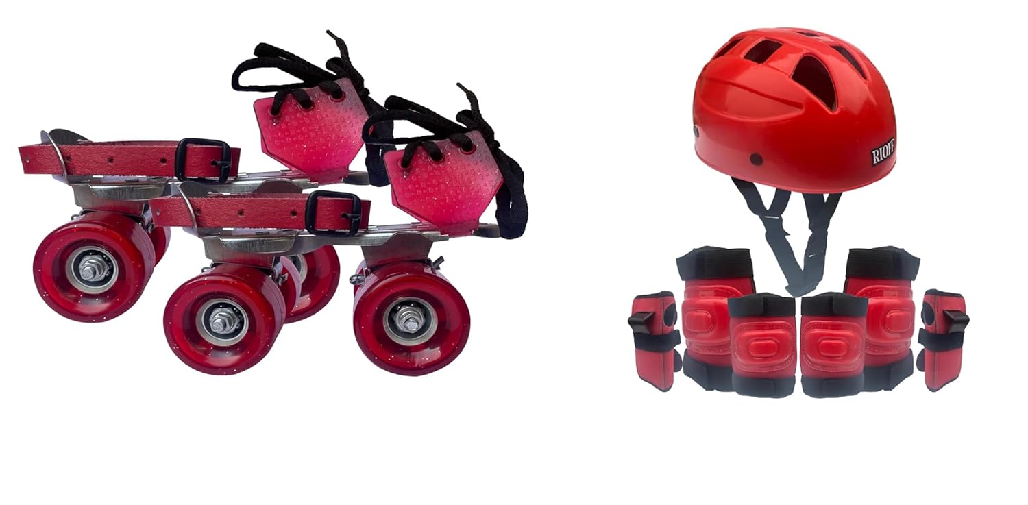 Rioff® Roller Skates Combo (Skates + Helmet + Gloves + Knee Guards & Elbow Guards) – for Age 6 to 9 Years | Academy & School Level Skating (Red)